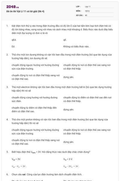 Đề ôn thi Vật Lí 11 có lời giải (Đề 4)