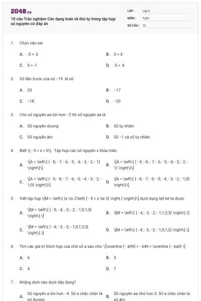 10 câu Trắc nghiệm Các dạng toán về thứ tự trong tập hợp số nguyên có đáp án
