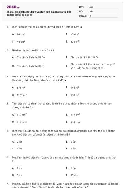 15 câu Trắc nghiệm Chu vi và diện tích của một số tứ giác đã học (tiếp) có đáp án