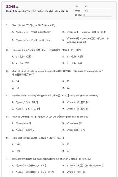 8 câu Trắc nghiệm Tính chất cơ bản của phân số có đáp án