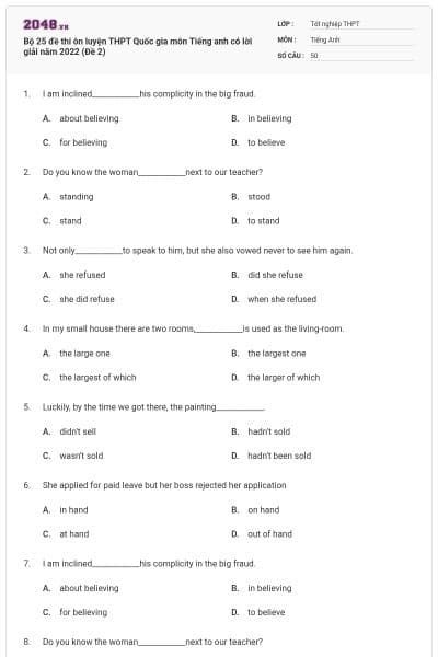 Bộ 25 đề thi ôn luyện THPT Quốc gia môn Tiếng anh có lời giải năm 2022 (Đề 2)