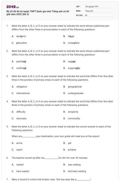 Bộ 25 đề thi ôn luyện THPT Quốc gia môn Tiếng anh có lời giải năm 2022 (Đề 3)