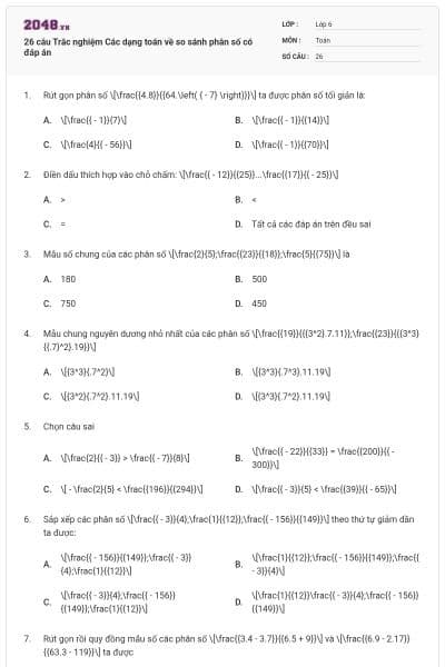 26 câu Trắc nghiệm Các dạng toán về so sánh phân số có đáp án