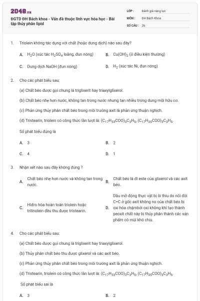 ĐGTD ĐH Bách khoa - Vấn đề thuộc lĩnh vực hóa học - Bài tập thủy phân lipid