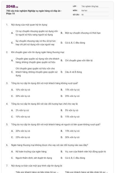700 câu trắc nghiệm Nghiệp vụ ngân hàng có đáp án - Phần 19