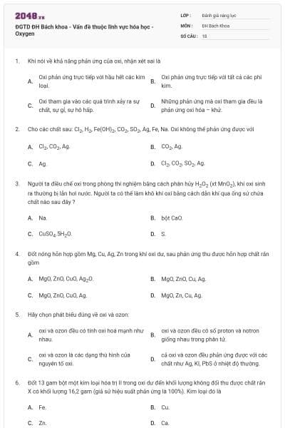 ĐGTD ĐH Bách khoa - Vấn đề thuộc lĩnh vực hóa học - Oxygen