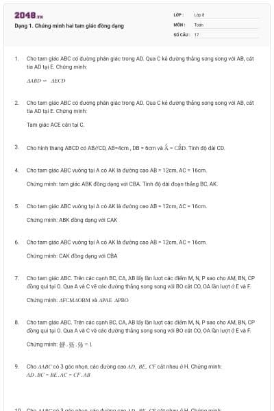 Dạng 1. Chứng minh hai tam giác đồng dạng