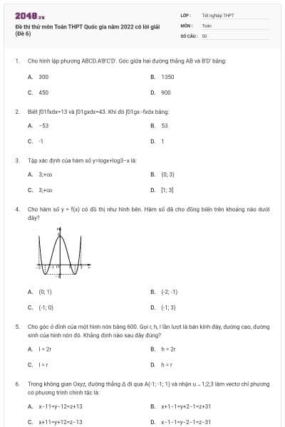 Đề thi thử môn Toán THPT Quốc gia năm 2022 có lời giải (Đề 6)