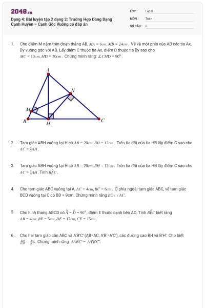 Dạng 4: Bài luyện tập 2 dạng 2: Trường Hợp Đồng Dạng Cạnh Huyền – Cạnh Góc Vuông có đáp án