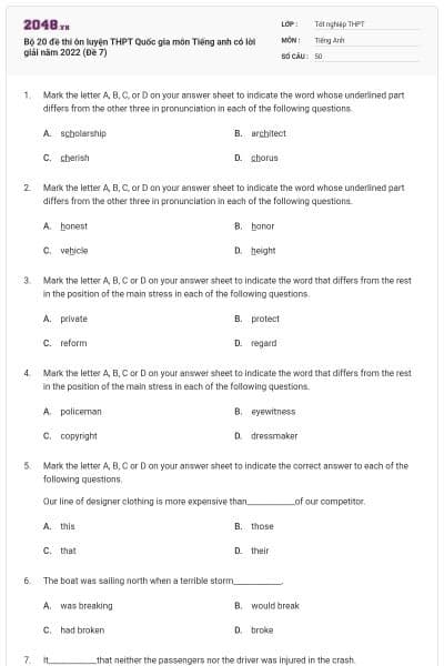 Bộ 20 đề thi ôn luyện THPT Quốc gia môn Tiếng anh có lời giải năm 2022 (Đề 7)