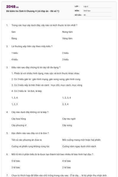 Đề kiểm tra Sinh 6 Chương 4 (có đáp án - Đề số 1)