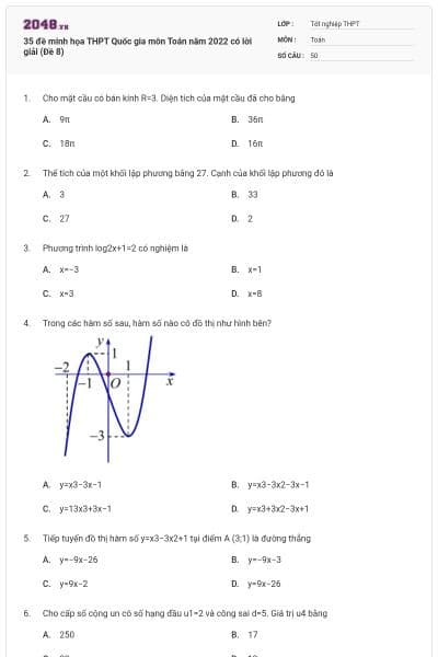 35 đề minh họa THPT Quốc gia môn Toán năm 2022 có lời giải (Đề 8)