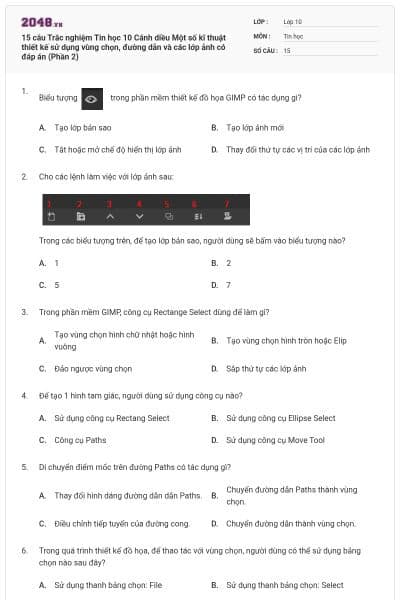 15 câu Trắc nghiệm Tin học 10 Cánh diều Một số kĩ thuật thiết kế sử dụng vùng chọn, đường dẫn và các lớp ảnh có đáp án (Phần 2)