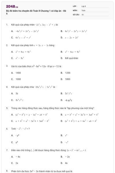 Bộ đề kiểm tra chuyên đề Toán 8 Chương 1 có đáp án - Đề 6