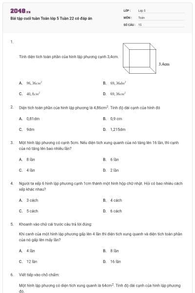 Bài tập cuối tuần Toán lớp 5 Tuần 22 có đáp án