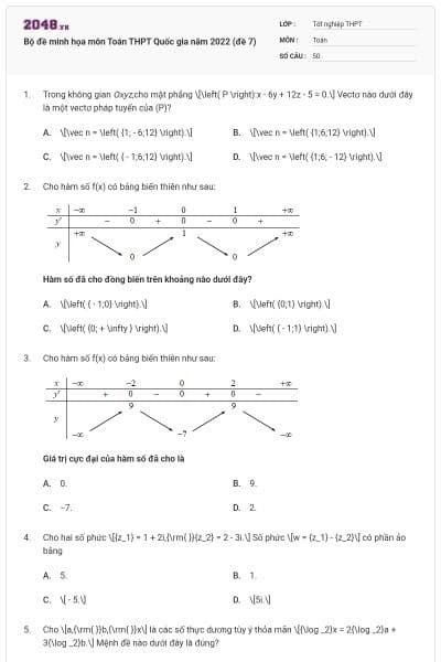 Bộ đề minh họa môn Toán THPT Quốc gia năm 2022 (đề 7)