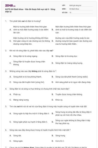 ĐGTD ĐH Bách khoa - Vấn đề thuộc lĩnh vực vật lí - Sóng điện từ