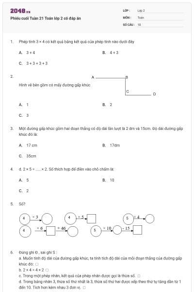 Phiếu cuối Tuần 21 Toán lớp 2 có đáp án