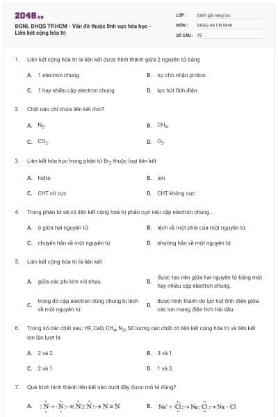 ĐGNL ĐHQG TP.HCM - Vấn đề thuộc lĩnh vực hóa học - Liên kết cộng hóa trị