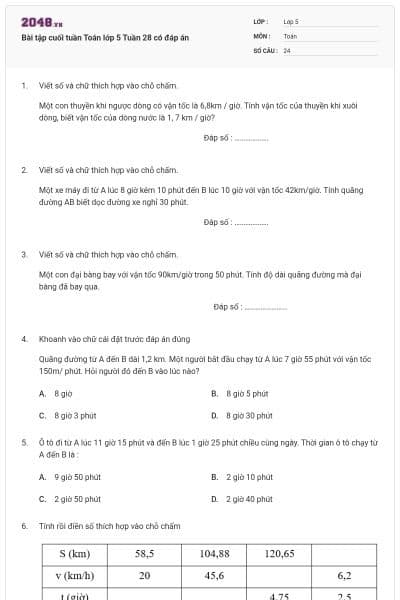 Bài tập cuối tuần Toán lớp 5 Tuần 28 có đáp án