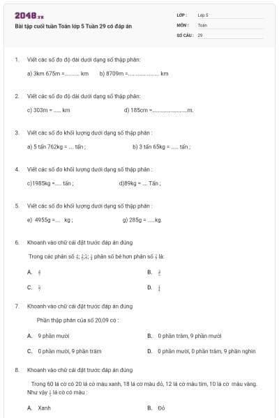 Bài tập cuối tuần Toán lớp 5 Tuần 29 có đáp án