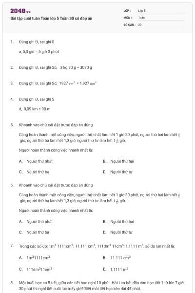 Bài tập cuối tuần Toán lớp 5 Tuần 30 có đáp án