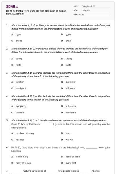 Bộ 25 đề thi thử THPT Quốc gia môn Tiếng anh có đáp án năm 2022 (Đề 2)