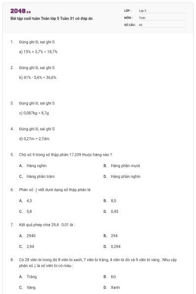 Bài tập cuối tuần Toán lớp 5 Tuần 31 có đáp án