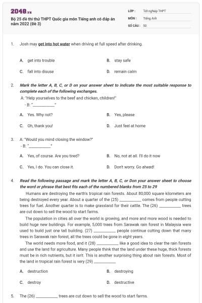 Bộ 25 đề thi thử THPT Quốc gia môn Tiếng anh có đáp án năm 2022 (Đề 3)