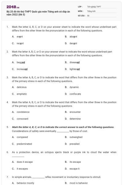 Bộ 25 đề thi thử THPT Quốc gia môn Tiếng anh có đáp án năm 2022 (Đề 5)