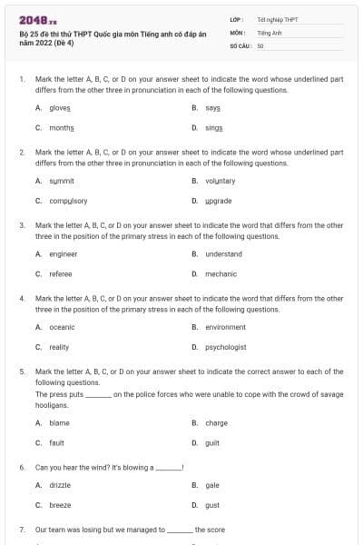 Bộ 25 đề thi thử THPT Quốc gia môn Tiếng anh có đáp án năm 2022 (Đề 4)