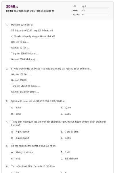 Bài tập cuối tuần Toán lớp 5 Tuần 35 có đáp án