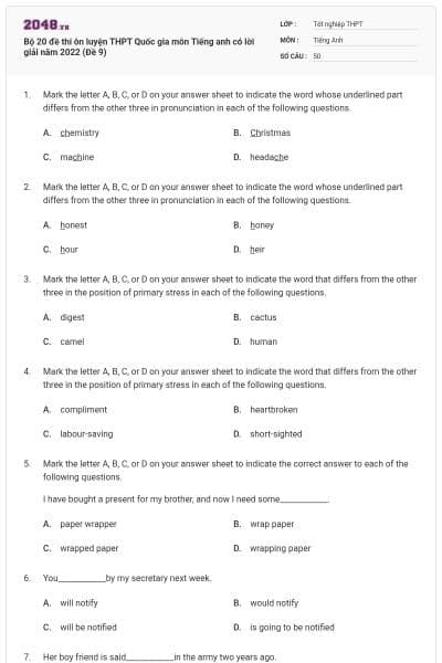Bộ 20 đề thi ôn luyện THPT Quốc gia môn Tiếng anh có lời giải năm 2022 (Đề 9)