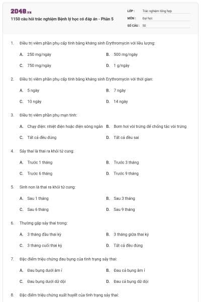 1150 câu hỏi trắc nghiệm Bệnh lý học có đáp án - Phần 5