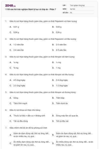 1150 câu hỏi trắc nghiệm Bệnh lý học có đáp án - Phần 7