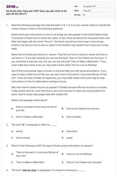 Đề thi thử môn Tiếng anh THPT Quốc gia năm 2022 có lời giải (20 đề) (Đề 01)