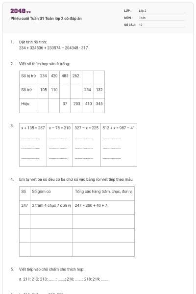 Phiếu cuối Tuần 31 Toán lớp 2 có đáp án