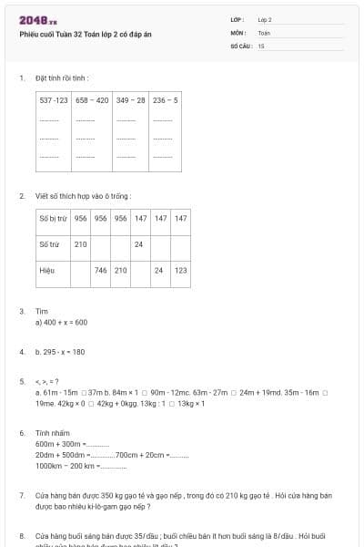 Phiếu cuối Tuần 32 Toán lớp 2 có đáp án
