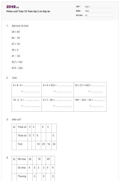 Phiếu cuối Tuần 33 Toán lớp 2 có đáp án
