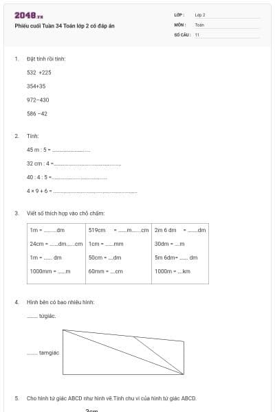 Phiếu cuối Tuần 34 Toán lớp 2 có đáp án