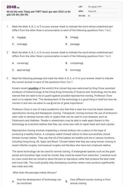 Đề thi thử môn Tiếng anh THPT Quốc gia năm 2022 có lời giải (20 đề) (Đề 05)