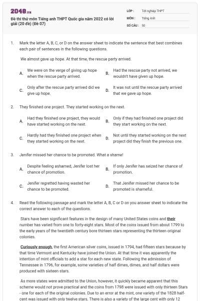 Đề thi thử môn Tiếng anh THPT Quốc gia năm 2022 có lời giải (20 đề) (Đề 07)