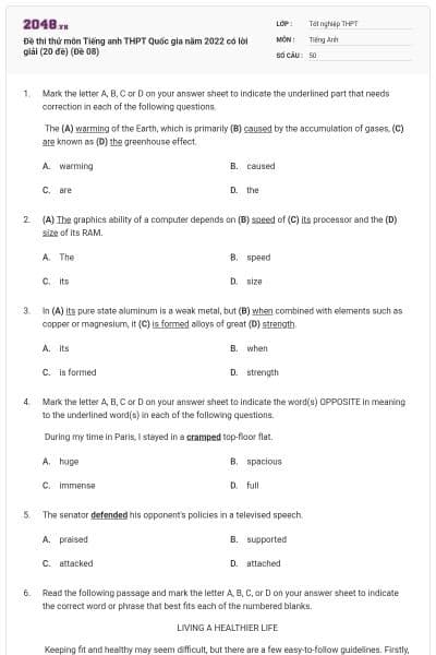 Đề thi thử môn Tiếng anh THPT Quốc gia năm 2022 có lời giải (20 đề) (Đề 08)