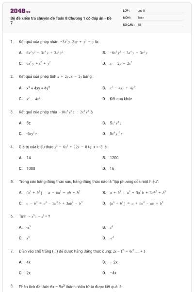 Bộ đề kiểm tra chuyên đề Toán 8 Chương 1 có đáp án - Đề 7