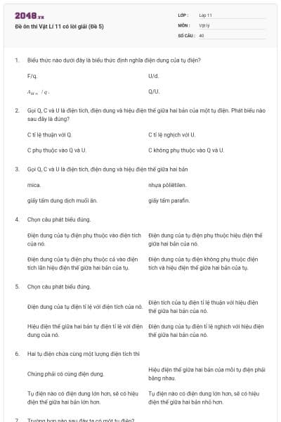 Đề ôn thi Vật Lí 11 có lời giải (Đề 5)