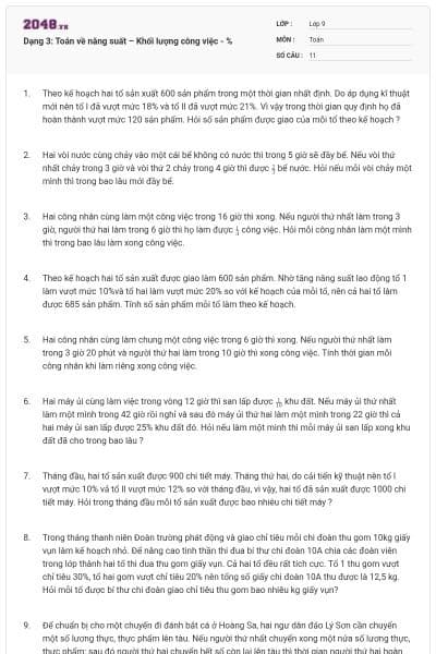 Dạng 3: Toán về năng suất – Khối lượng công việc - %