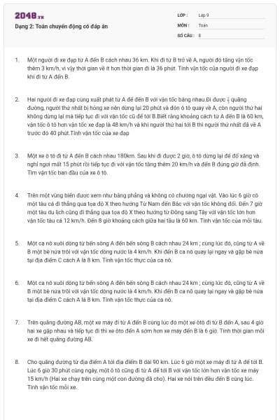 Dạng 2: Toán chuyển động có đáp án