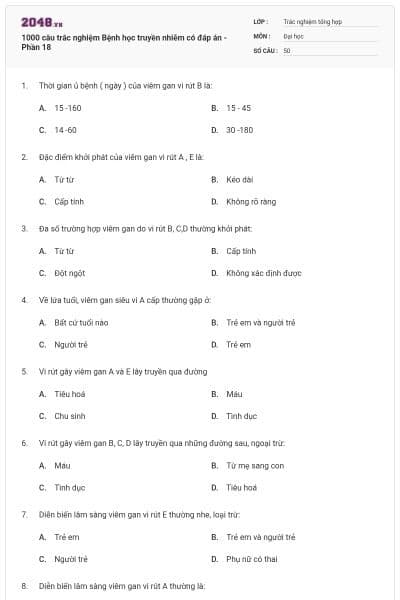 1000 câu trắc nghiệm Bệnh học truyền nhiễm có đáp án - Phần 18