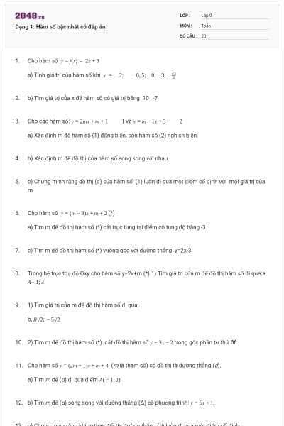 Dạng 1: Hàm số bậc nhất có đáp án