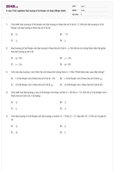 5 câu Trắc nghiệm Đại lượng tỉ lệ thuận có đáp (Nhận biết)